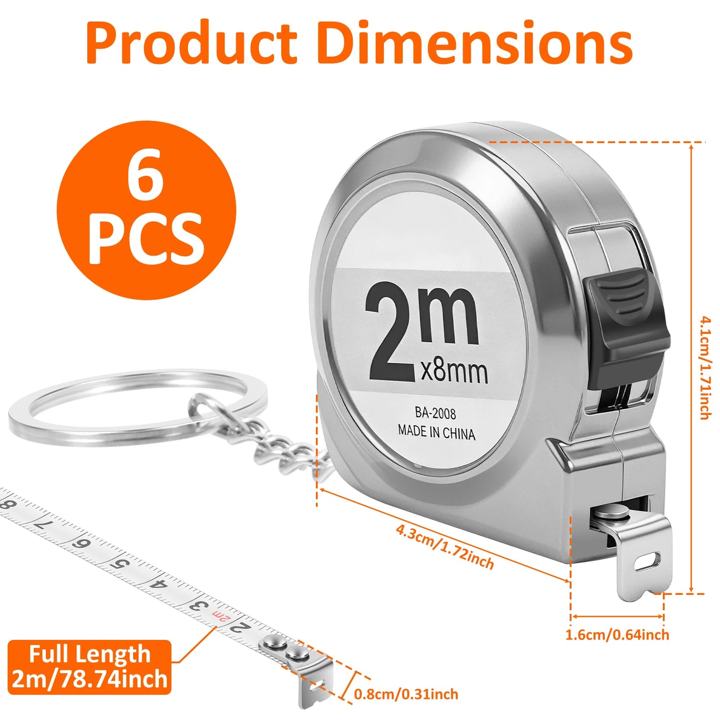 6PCS Mini Tape Measure 2M Retractable Small Steel Measuring Tape with Keychain Portable for Home Office School and DIY Project