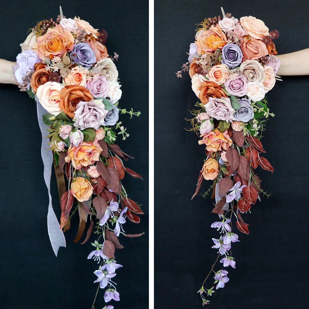 Tejesa Autumn Wedding Bouquet Vintage Terracotta Orange Sunflower Rose Bridal Cascading Bouquets for Fall Wedding Ceremony