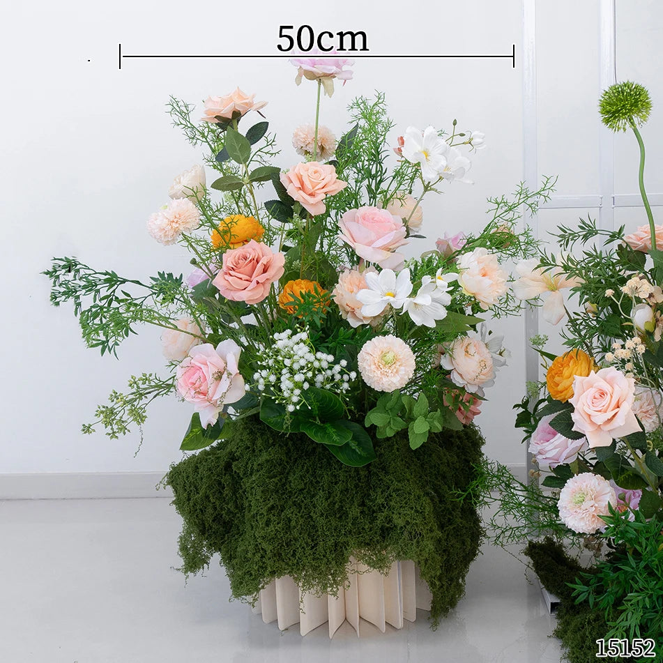 Luxury Champagne Rose Peony Green Leaf Table Runner Floral Event Road Lead Floor Flower Wedding Arch Deco Flower Row Arrangement