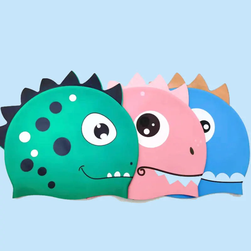 Hemasa Cartoon Silicone Swimming Cap /Waterproof Dinosaur Long Hair Sports Swim Pool Hat  Adults & Children Elastic Swimming Cap