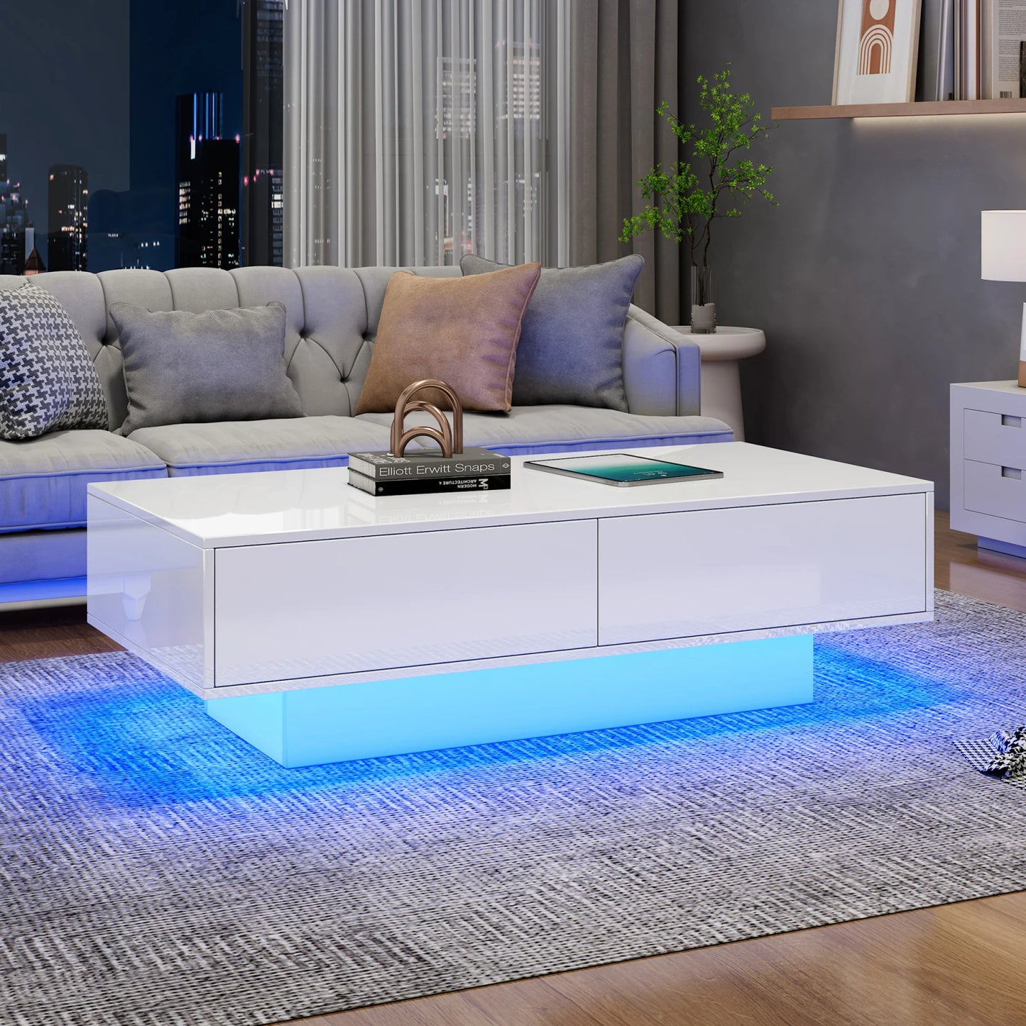 Smart LED Lighting with APP Bluetooth Control Tea Table , White High Gloss Coffee Table With 2 Drawers, Modern Rectangular Table
