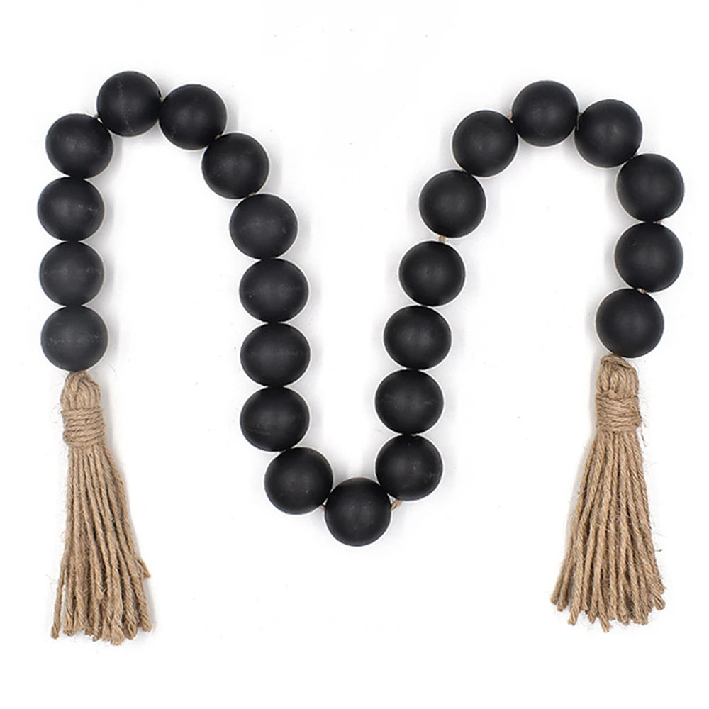 Wooden Bead Garland with Tassels Rustic Country Farmhouse Home Holiday Christmas Tree Garland Tray Wall Hanging Photo Props