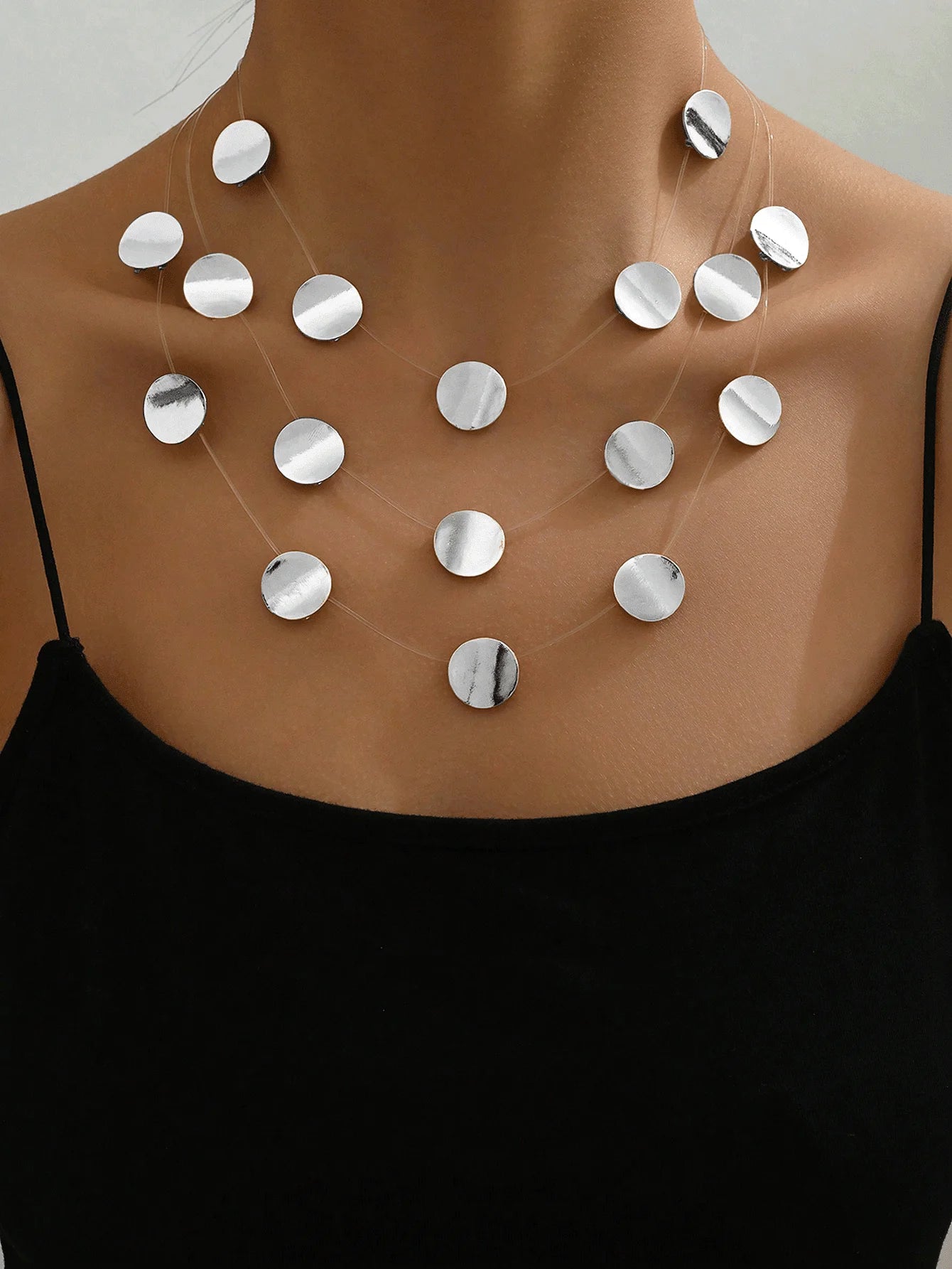 Exaggerated European Style Metal round Necklace Multi-Layer Transparent Fishing Line Choker Unique Design Sensation Trendy Lockb