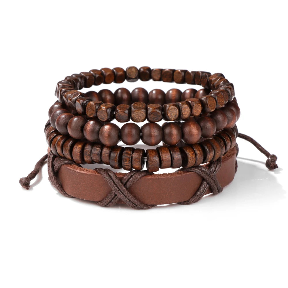 Fashion Braided Wrap Leather Bracelet Vintage Wood Beads Feather Skull Arrow Ethnic Bracelets Bangles Men Women Energy Jewelry