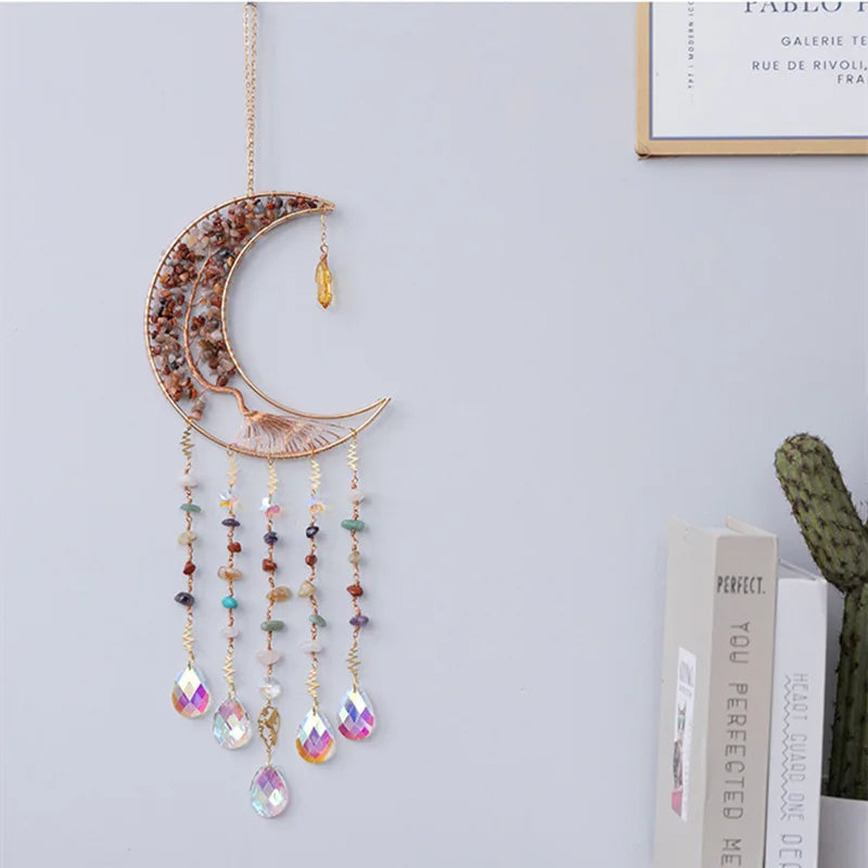 Crystals Gravel Agate Stones Tree of Life Hanging Ornaments for Home Natural Gemstone Moon Suncatcher Room Reiki Decoration