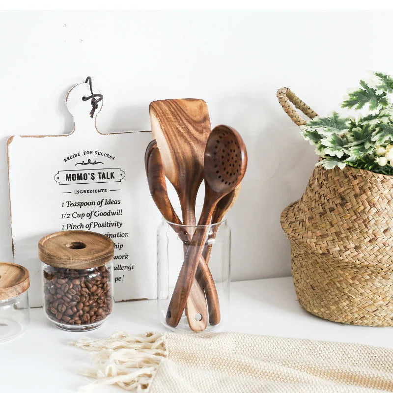 Hemasa  4Pcs  Teak Natural Wood Tableware Spoon Ladle Turner Long Rice Colander Soup Skimmer Cooking Spoons