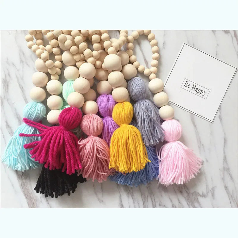 Room Decoration Wooden Beads Tassel Nordic Style Ball Garland Baby Tent Bedroom Decor Kids Wall Hanging Wind Chimes Corta Vento