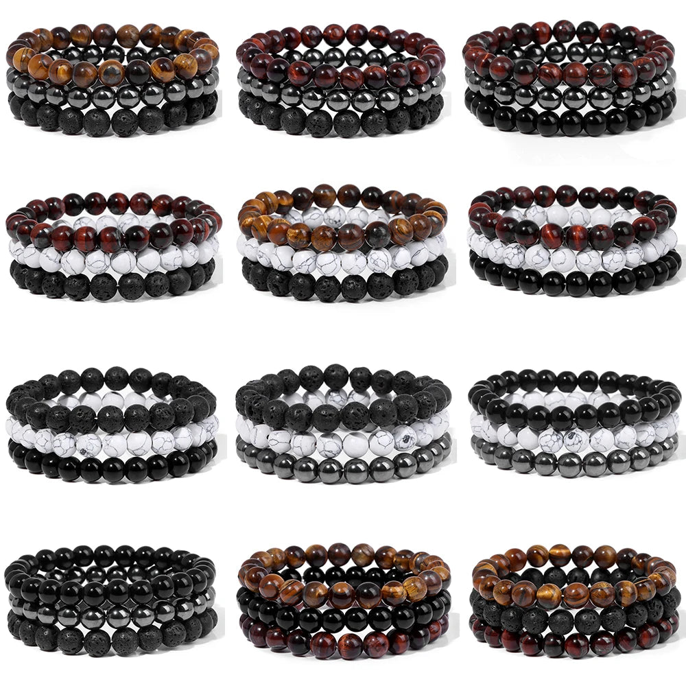 Hemasa 3Pcs Natural Howlite Lava Tiger Eye Hematite Bead Stretch Bracelets