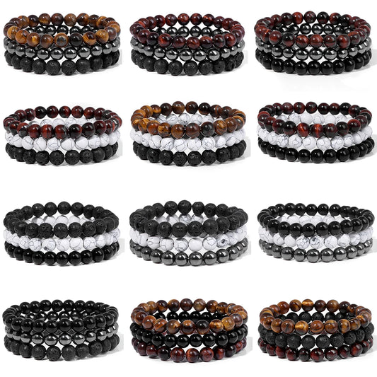 Hemasa 3Pcs Natural Howlite Lava Tiger Eye Hematite Bead Stretch Bracelets