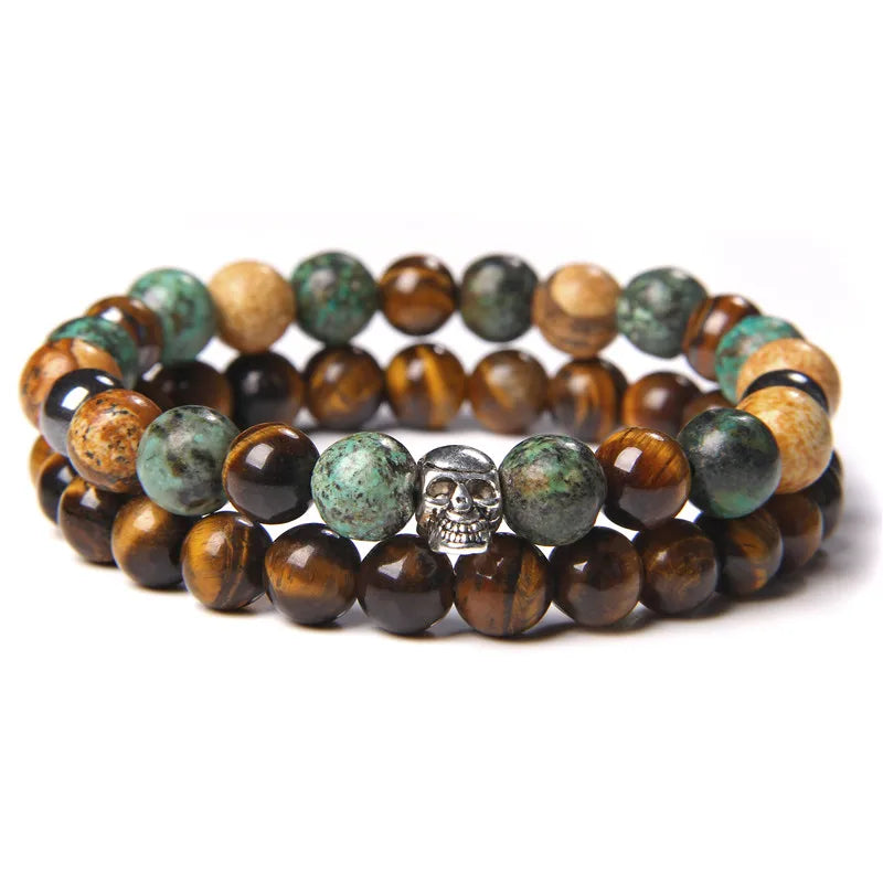 2pcs/set Beaded Bracelet Natural Stone Tiger Eye Hematite Beads Bracelet Men Energy Elastic Rope Bracelet Jewelry Couples Gifts