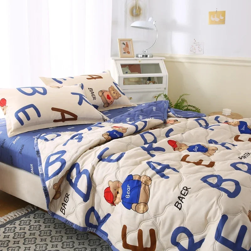Quilted Summer Quilt and Pillowcase or Single Quilts Soft Breathable Washable Thin Comforter Double Blanket