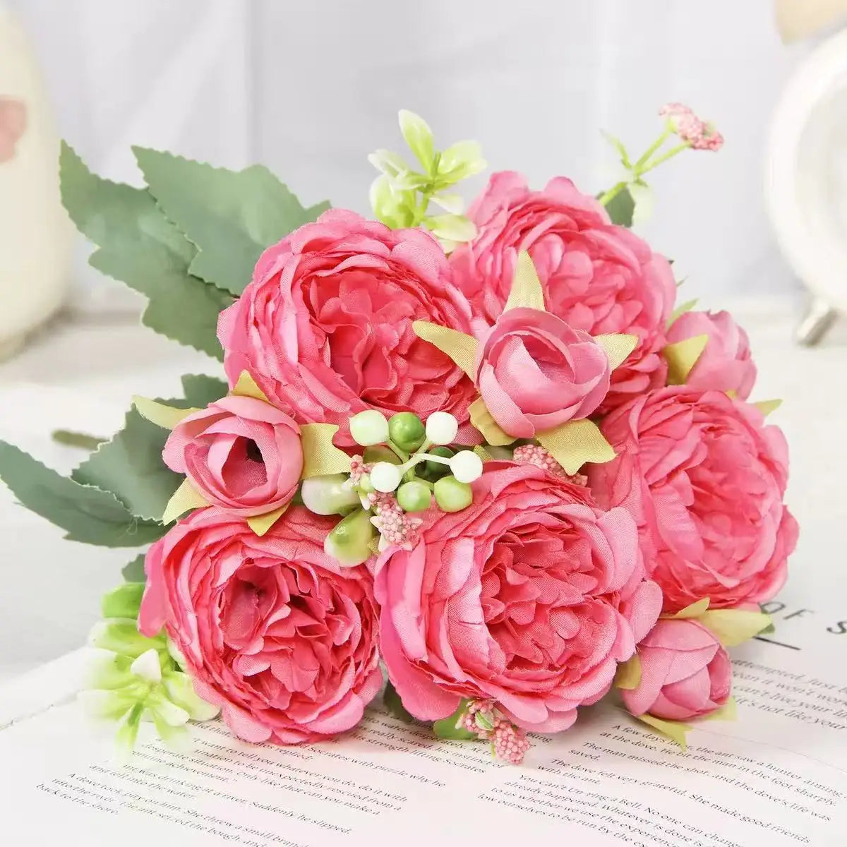 30cm Rose Pink Silk Peony Artificial Flowers Bouquet 5 Big Head and 4 Bud Cheap Fake Flowers for Home Wedding Decoration indoor