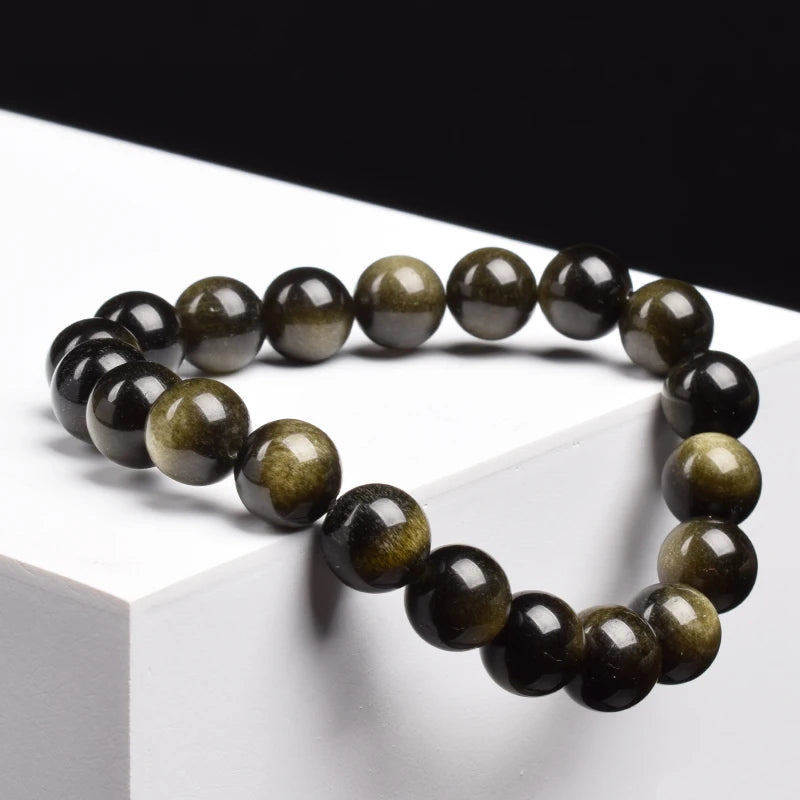 Tejesa Natural Golden Obsidian Stone Beads Bracelet Men Women/ Golden Light Rainbow Obsidian Raw Stone Round Bead Natural Energy Jewelry