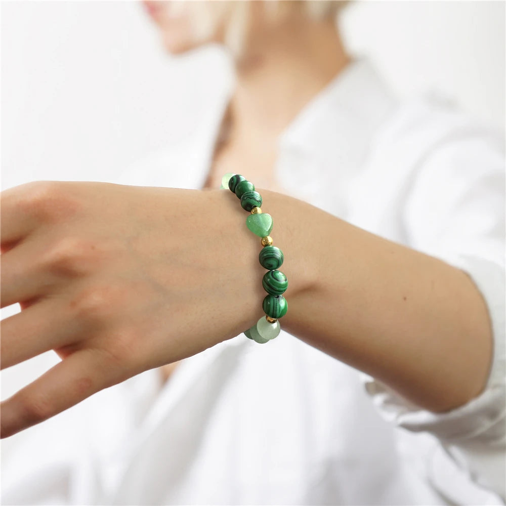 Hemasa  8mm Round Malachite Tiger Eye Jades Beads  Love Heart Bracelets