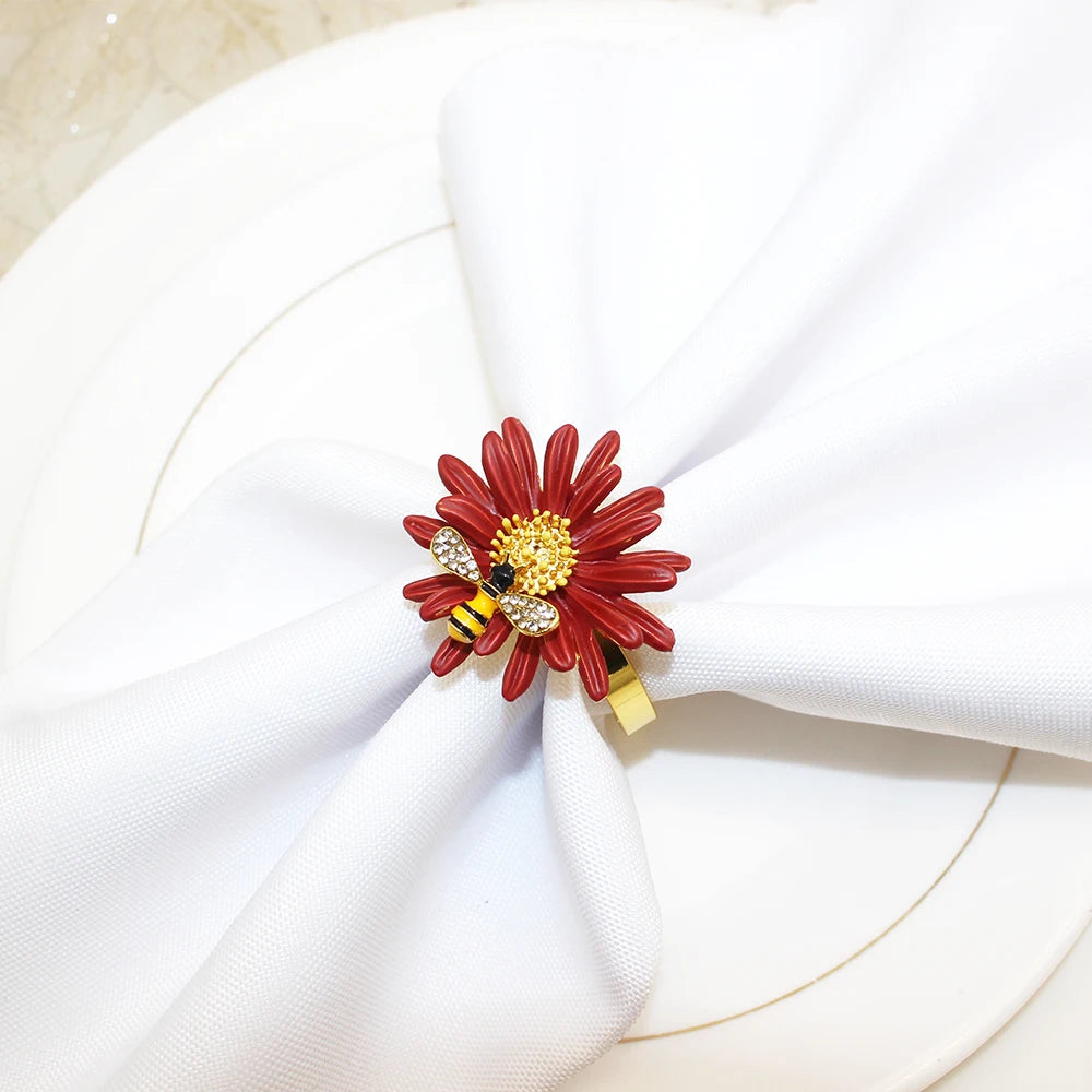 Hemasa 6Pcs Flower Bee Napkin Rings/ Metal Daisy Flower Napkin Rings