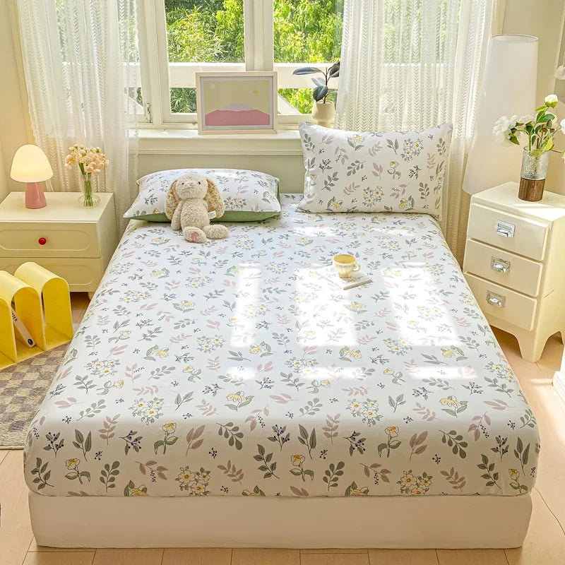 Pure Cotton Fitted Sheet Single Double Queen Size Printed Mattress Cover With Elastic Band Bedsheet Soft Comfortable Fitsheet