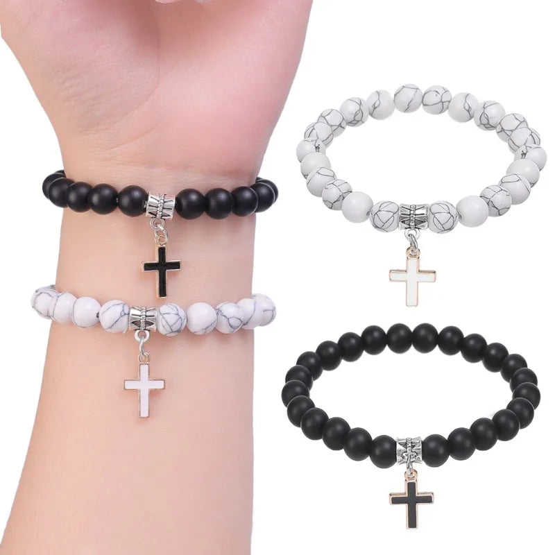 Couple Charm Natural Stone Bracelet Cross Black Lava Matte Beaded Bracelets Handmade Men Women Prayer Fitness Chain Jewelry Gift