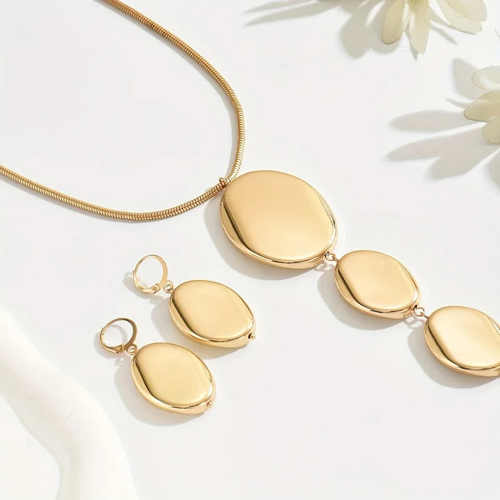 2-Piece Set Fashion Minimalist Earrings Necklace Jewelry Set Smooth Pendant Long Y-Shape Metal Style Jewelry Set