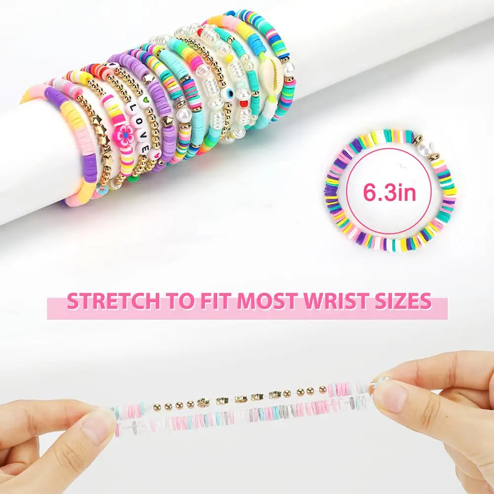 Hemasa 14Pcs/set Bracelets Set LOVE Shell Evil Eye Beaded Polymer Clay Stackable Charm  Bracelets for Girl