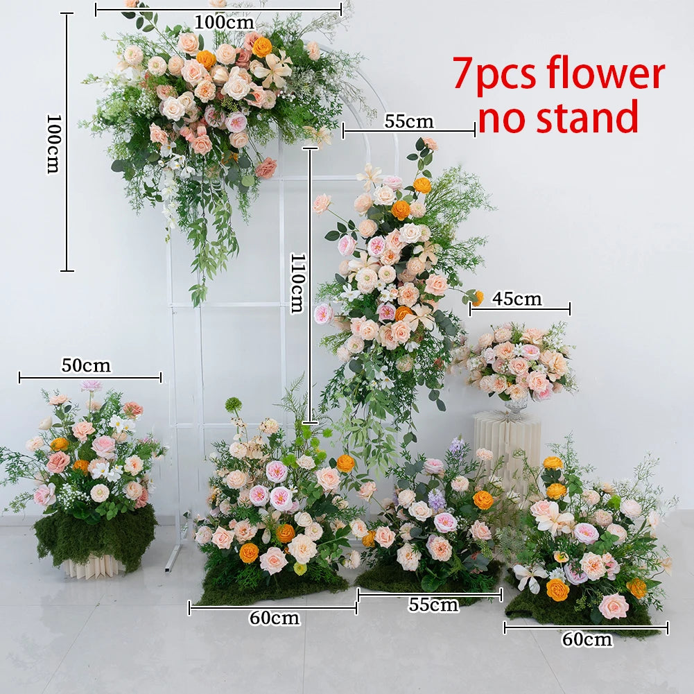 Luxury Champagne Rose Peony Green Leaf Table Runner Floral Event Road Lead Floor Flower Wedding Arch Deco Flower Row Arrangement