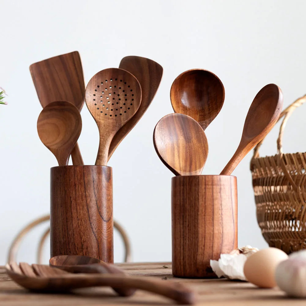 Hemasa Thailand Teak Natural Wood Tableware Spoon Ladle Turner Long Rice Colander Soup Skimmer Cooking Spoons Scoop Kitchen Tool Set