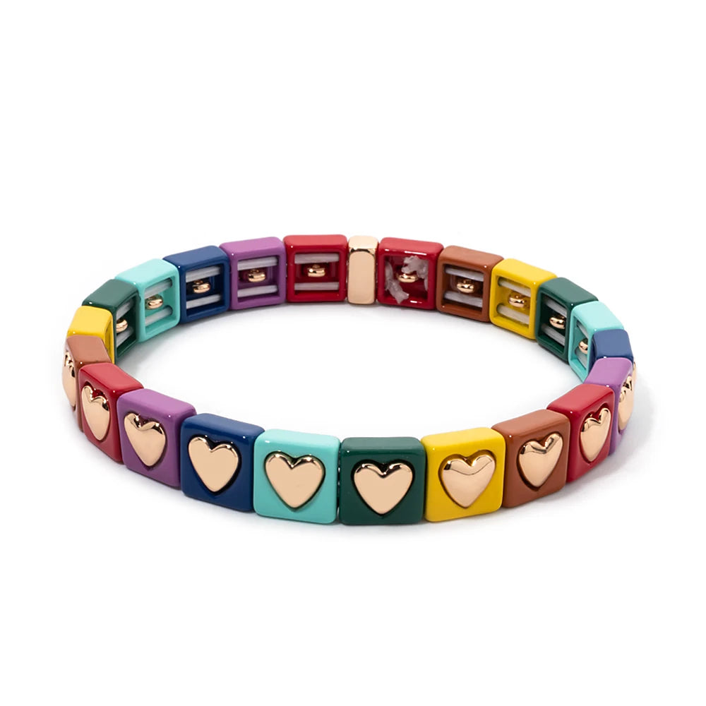 8mm Square Shape Love Bangle For Women Rainbow Color Peach Boho Enamel Elastic Beads Bracelets