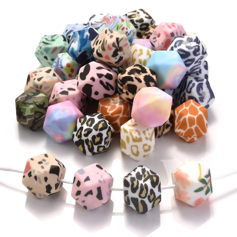 10Pcs Octagon Silicone Beads Leopard Print Teething Loose Beads For Care Teether Toy DIY Baby Necklace Bracelet Pacifier Chain