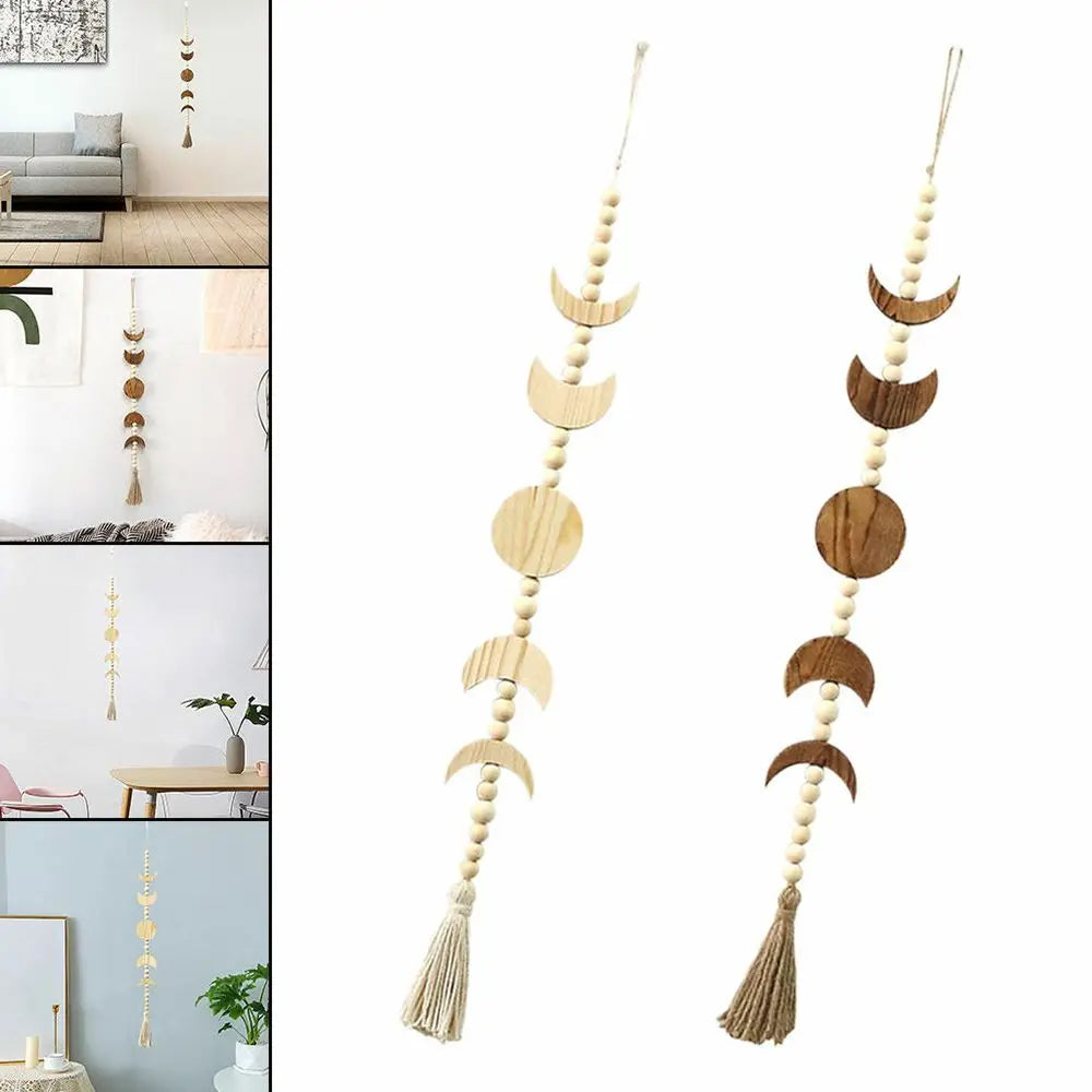 Wood Star Moon Phase Wall Hanging Garland Boho Beaded Wood Moon Phase Moon Garland with Tassel Home Wall Decor