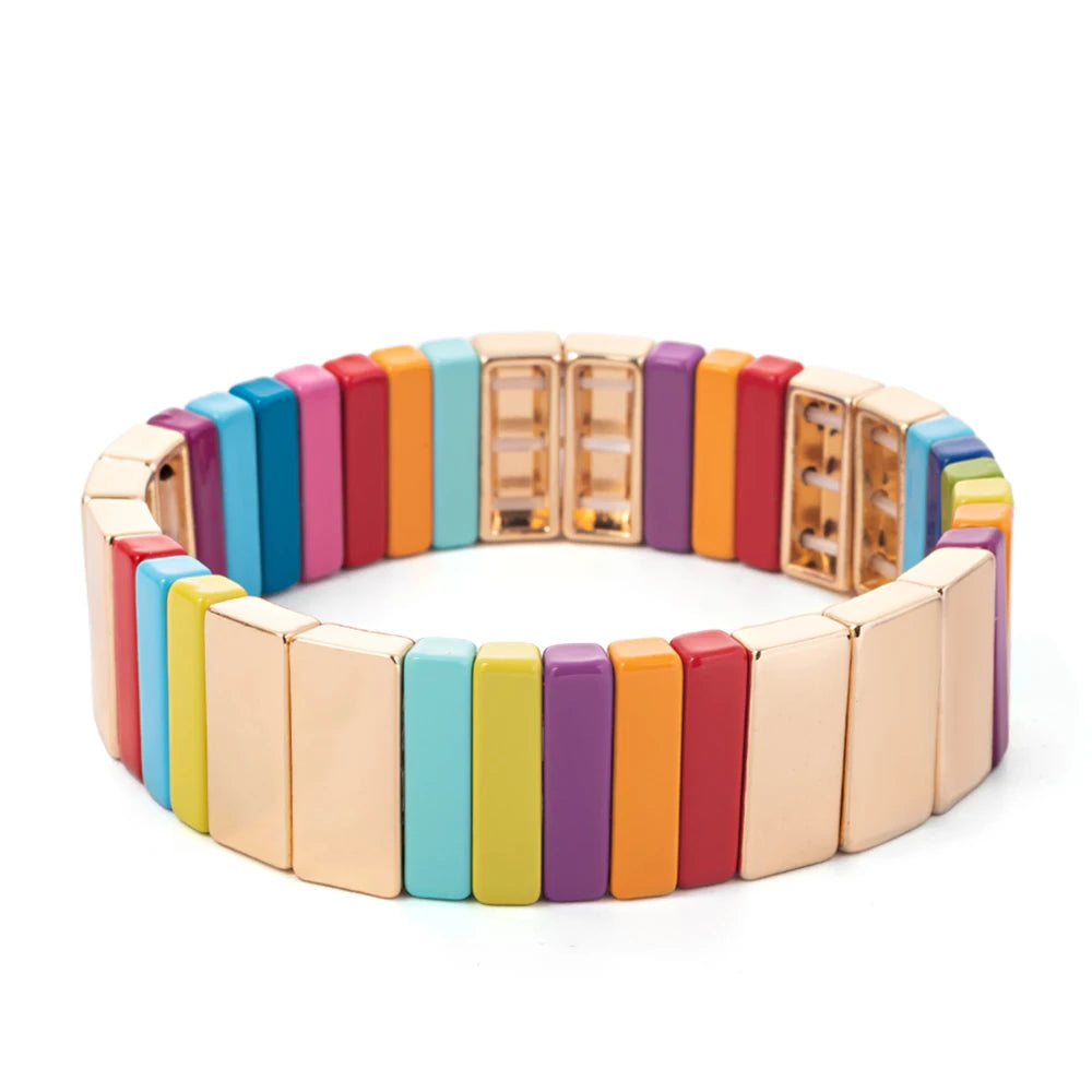 Wholesale Enamel Bracelets Set Gold Color Bangle For Women Colorful Beads Elastic Bracelets Handmade  Beads Jewelry