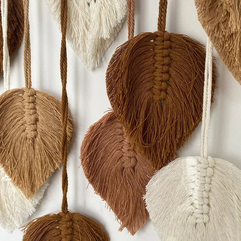 Handmade Woven Leaf Macrame Hanging Ornament, Bohemian Cotton Rope, Woven Walls Decoration for Bedroom, Living Room Wall