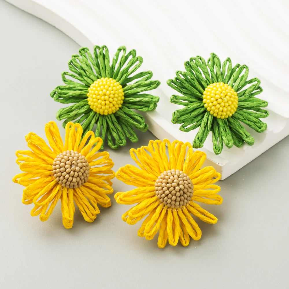 Metal Raffia Flowers Geometric Stud Earrings for Women New Simple Trend Design Jewelry Party Accessories