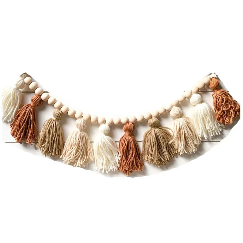 Nordic Style Hand-woven Wooden Beads String Wool Tassel  Home 2023 New Style Children's Kid Room Decoration Wall Hangings Decor