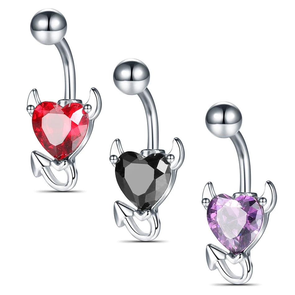 1PC Surgical Steel Heart Navel Belly Button Rings Devil Shape Red CZ Belly Piercings Jewelry Dangle Earring Piercings Women Gift