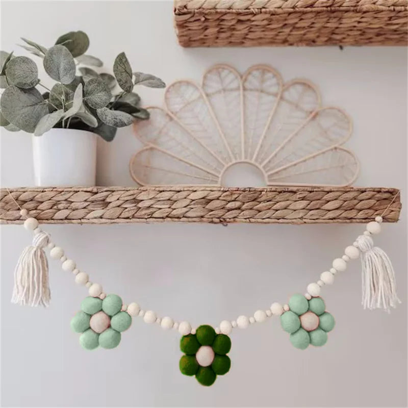 Bohemian Wool Felt Daisy Flower String Wooden Beads Garlands Baby Kids Room Wall Hanging Home Decor Nursery Decor Photo Props
