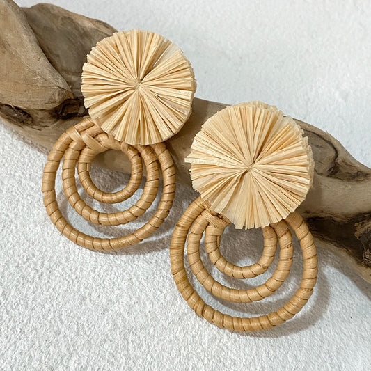 AENSOA Handmade Two Tone Rattan Knit Wrapped Round Drop Earrings for Women Geometric Circles Wooden Raffia Earrings Jewelry 2023