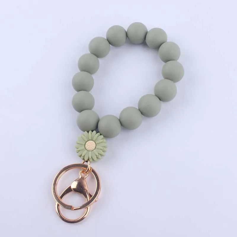 Food Grade Silicone Round Beaded Keychain Fashion Women Wristlet Bracelet Keyring For Anti-Loss Lobster Clasp Keychain Jewelry