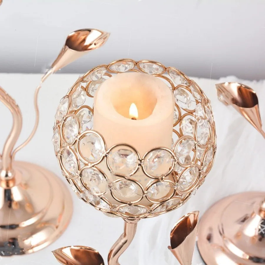 Hemasa Gold Crystal Candle Holder/Iron Flower Shaped Candlestick Small Vintage Candlestick Set for Table Center piece Wedding Birthday