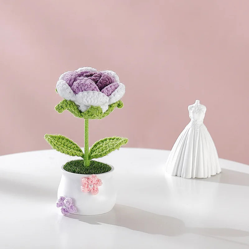 Hemasa Kintted Flower Potted Mini Artificial Flowers/Plant Hand Woven Crochet Tulips Flowers