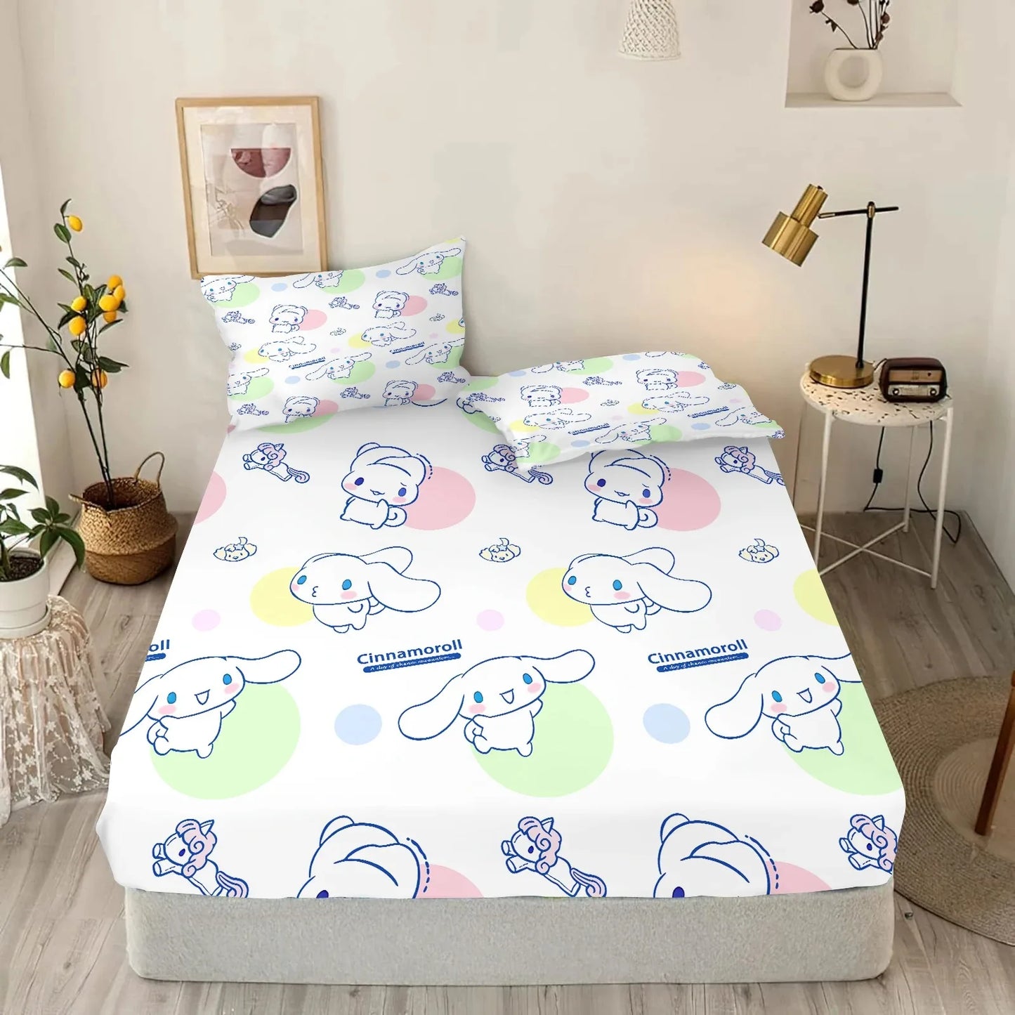 Cinnamoroll BedSheet With Pillowcase,Single/Queen/King Fitted Sheet,Girl Boy Adult Fitted Sheet with Elastic Band,Birthday Gifts