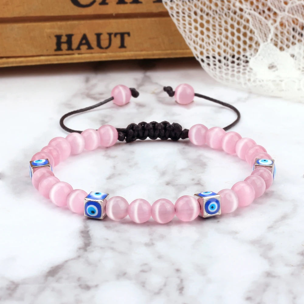 Fashion Adjustable Turkish Evil Eye Braided Bracelet Women Natural Stone 6mm Bead Bangles Men Lucky Friendship Gift Jewelry Yoga