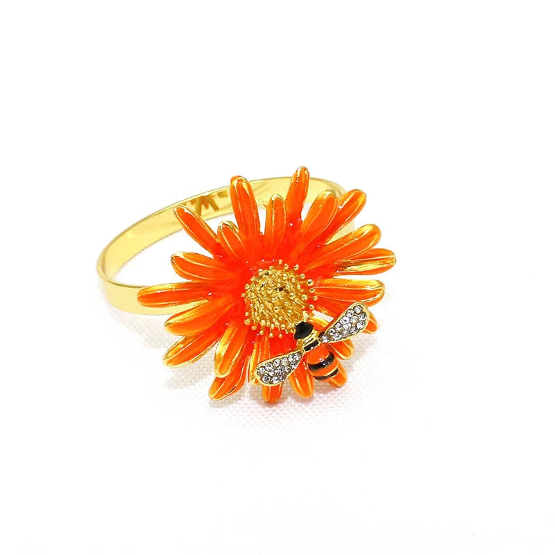 Hemasa 6Pcs Flower Bee Napkin Rings/ Metal Daisy Flower Napkin Rings