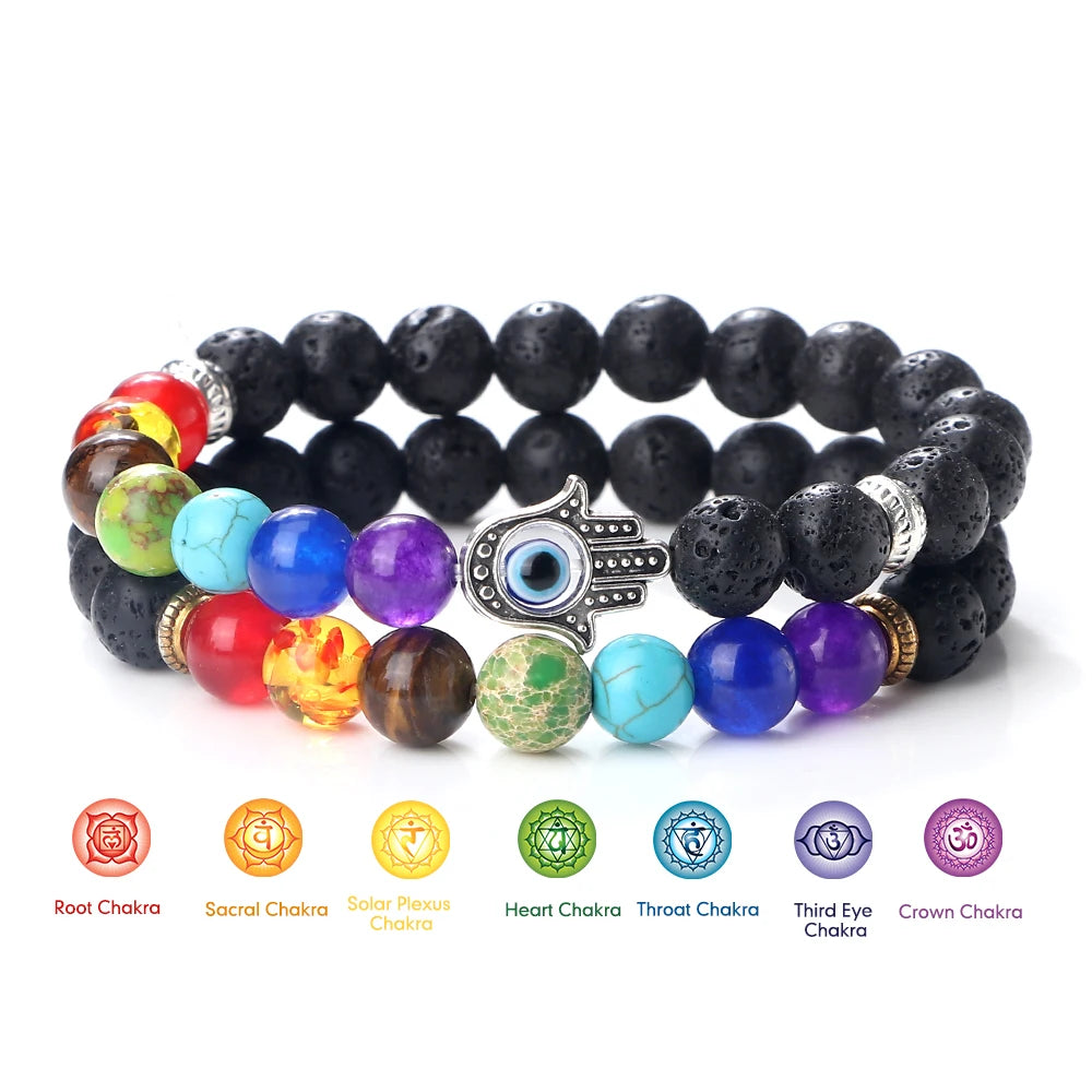 Hemasa 2pcs 7 Chakra Beaded Bracelets Set Natural Tiger Eye Stone Black Lava Rock Lucky Evil Eye Bangles Couple Distance Yoga Jewelry