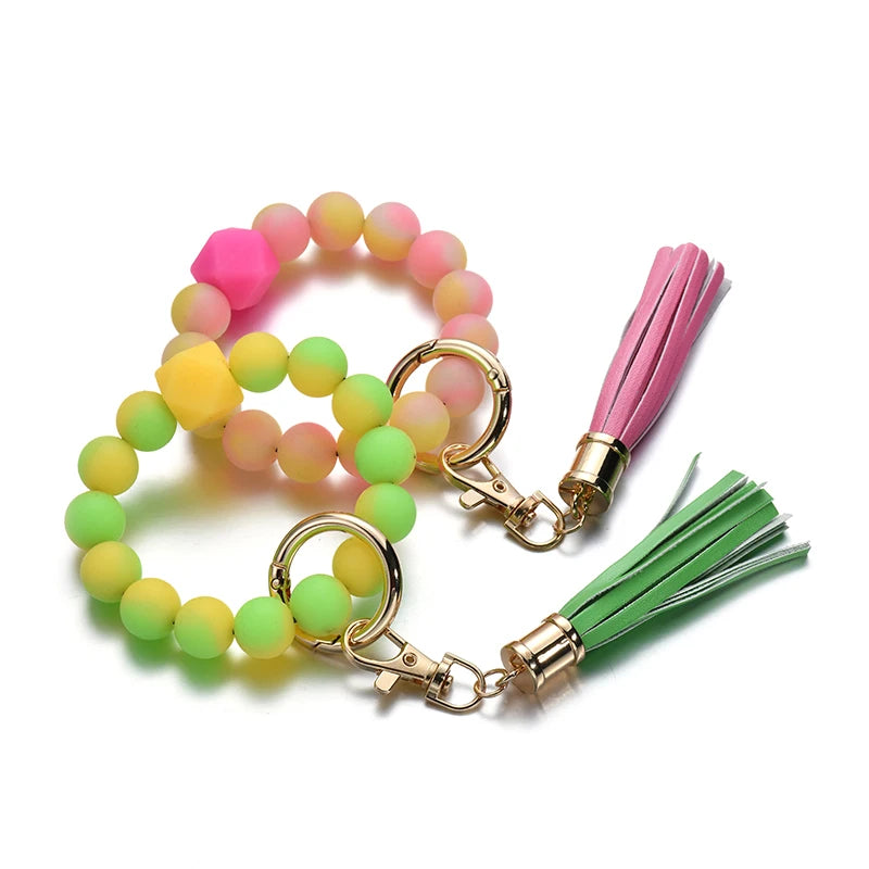 Hemasa Glow in the Dark Silicone Beads Keychain Keyring For Women Wristlet Bracelet Tassels Pendant Keychain Jewelry Accessory glows in the dark