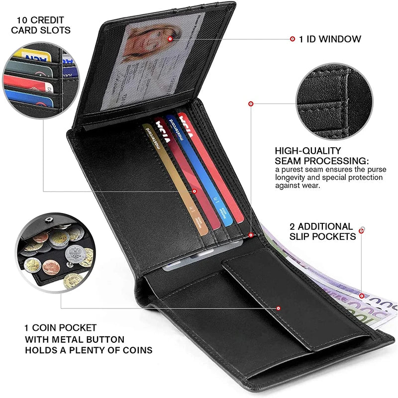 Hemasa 100% Genuine Leather RFID Blocking Slim Trifold Men Wallets with Coin Pocket and ID Window Minimalist Wallet for Men