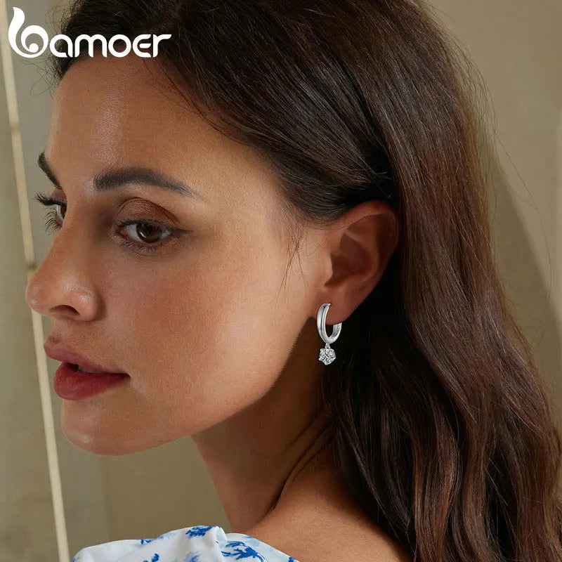 Bamoer 925 Sterling Silver 0.5CT Moissanite Ear Buckles Classic Hoop Earrings for Women Engagement Wedding Fine Jewelry Gift