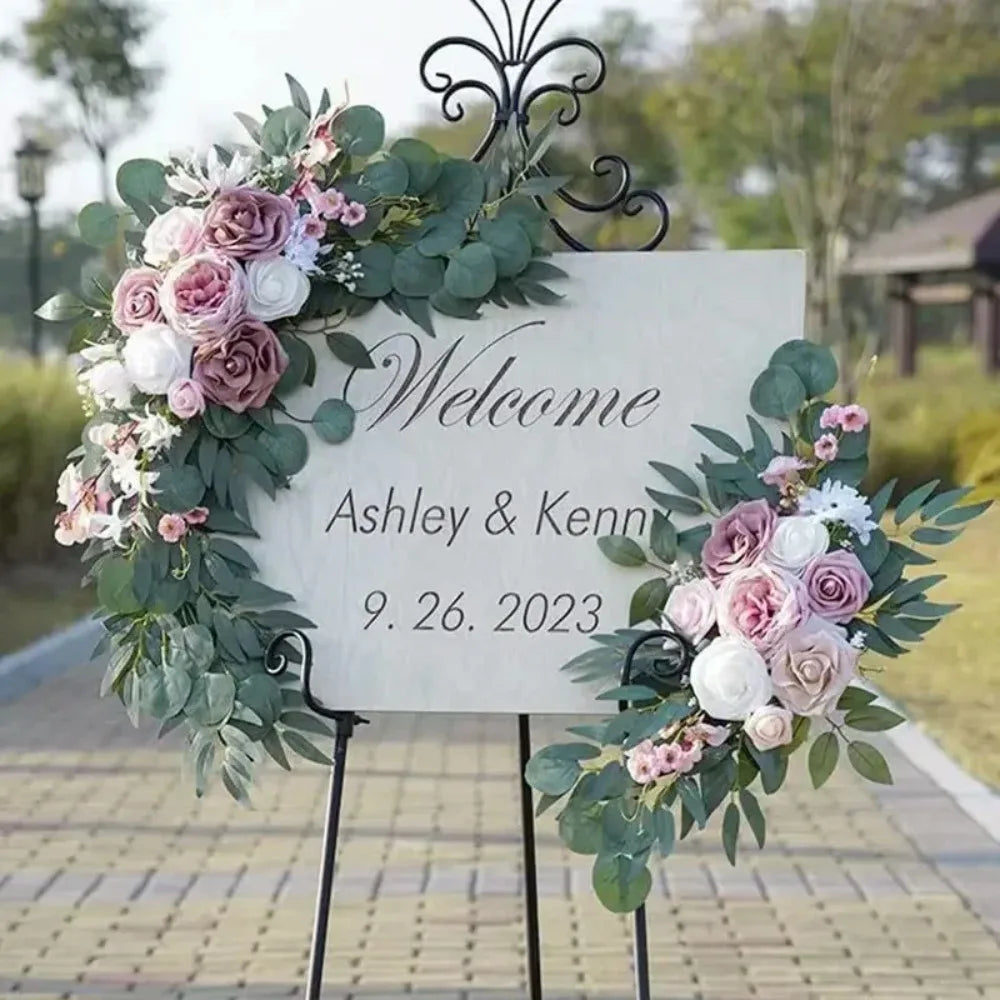 2PCS/set Artificial Wedding Arch Flowers Kit Boho Dusty Rose Blue Eucalyptus Garland Drapes for Wedding Decorations Welcome Sign