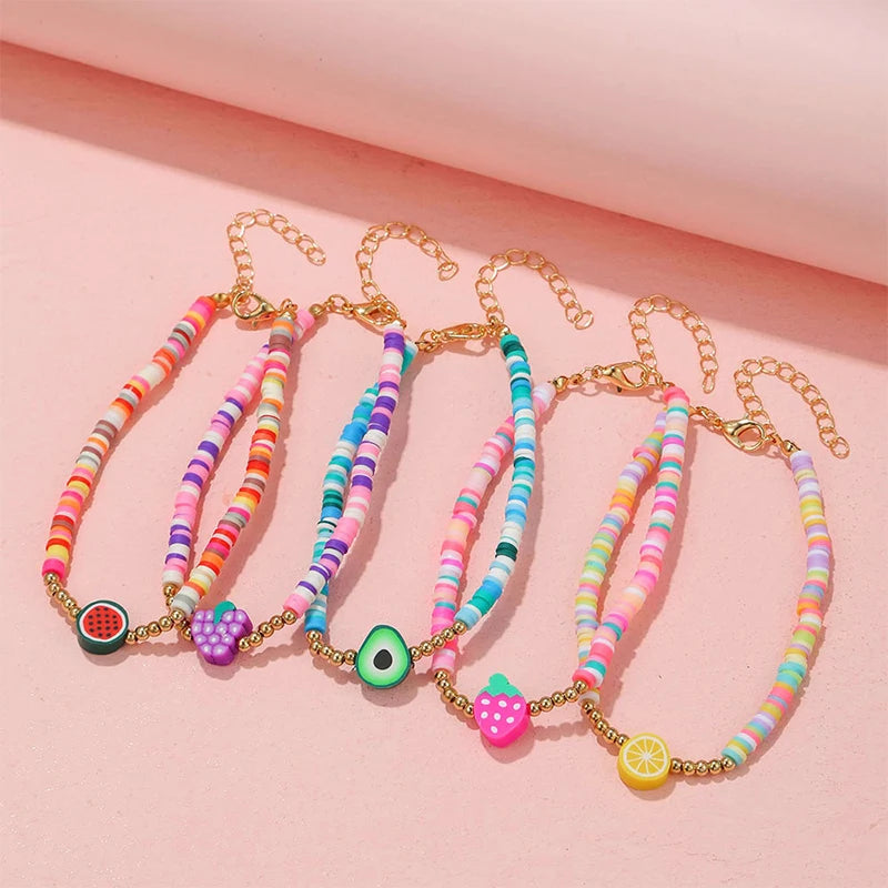 Hemasa 5Pcs/set Polymer Clay Fruit Charm Handmade Anklet for Teens Girls Women Bracelet Friendship Party Birthday Jewelry Gifts
