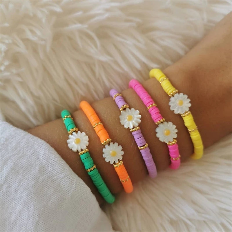 Hemasa Set of 5  Flower Daisy Bracelets Multicolor Heishi Bracelet for Women Boho Summer Jewelry Stack Polymer Clay Beads Elastic Pulseras