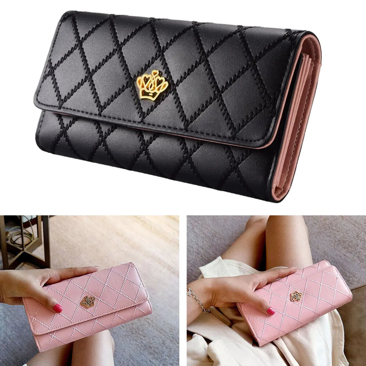 Hemasa Black Long Wallets for Women/ PU Leather Diamond Pattern Purse Card Holder Crown Buckle
