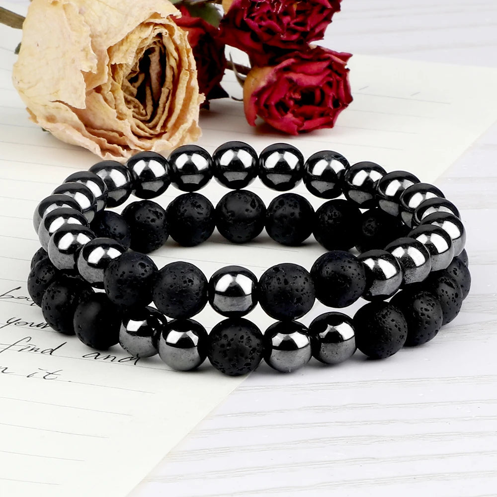 Hemasa 2pcs Couple Distance Lava Rock Beaded Bracelet Natural Stone Malachite Hematite Strand Bracelet Yoga Bangles Lover Wrist Jewelry